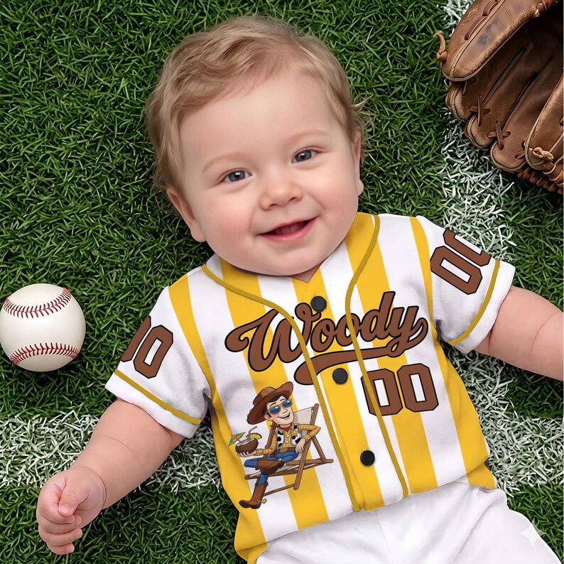 May include: A baby wearing a yellow and white striped baseball jersey with the name "Woody" and the number "00" on it. A baseball and a baseball glove are also in the image. The baby is lying on green grass.