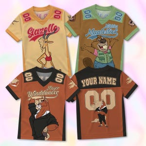 May include: Four colorful short-sleeved jerseys with cartoon animal characters. The jerseys are yellow, brown, and orange, with the number 8 on the shoulders. Each jersey has a different character and name printed on the front.