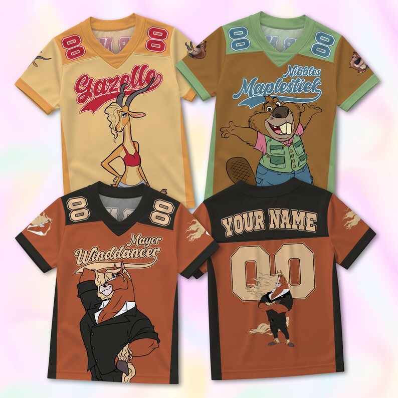 May include: Four colorful short-sleeved jerseys with cartoon animal characters. The jerseys are yellow, brown, and orange, with the number 8 on the shoulders. Each jersey has a different character and name printed on the front.