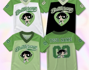 Camiseta de fútbol personalizada de Buttercup de las Chicas Superpoderosas, camiseta deportiva verde y negra, ropa personalizada para el día del partido, regalo de cumpleaños con nombre y número personalizados