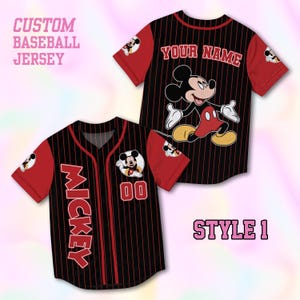 May include: Custom baseball jersey featuring Mickey Mouse. The black jersey has red pinstripes and sleeves, with "Mickey" in red lettering. The front displays Mickey Mouse and the number "00". The back has "YOUR NAME" and a Mickey Mouse graphic. Style 1.
