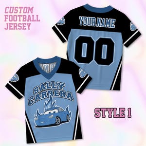 May include: A custom football jersey featuring a light blue and black color scheme. The front displays the text SALLY CARRERA above a blue car graphic with flames. The back shows the text YOUR NAME and the number 00 in black with white outlines.