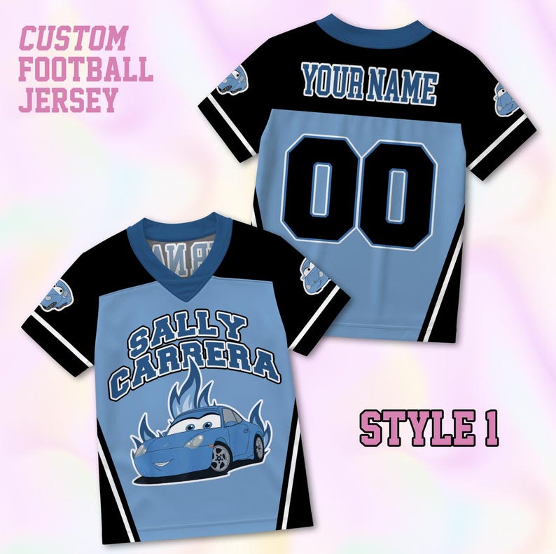 May include: A custom football jersey featuring a light blue and black color scheme. The front displays the text SALLY CARRERA above a blue car graphic with flames. The back shows the text YOUR NAME and the number 00 in black with white outlines.