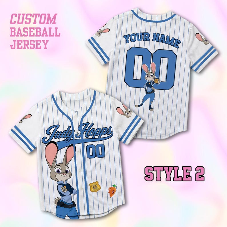May include: A white baseball jersey with blue pinstripes, blue trim, and button-down front. The front features the name Judy Hopps, the number 00, a police badge, and a carrot. The back displays the text YOUR NAME and the number 00.