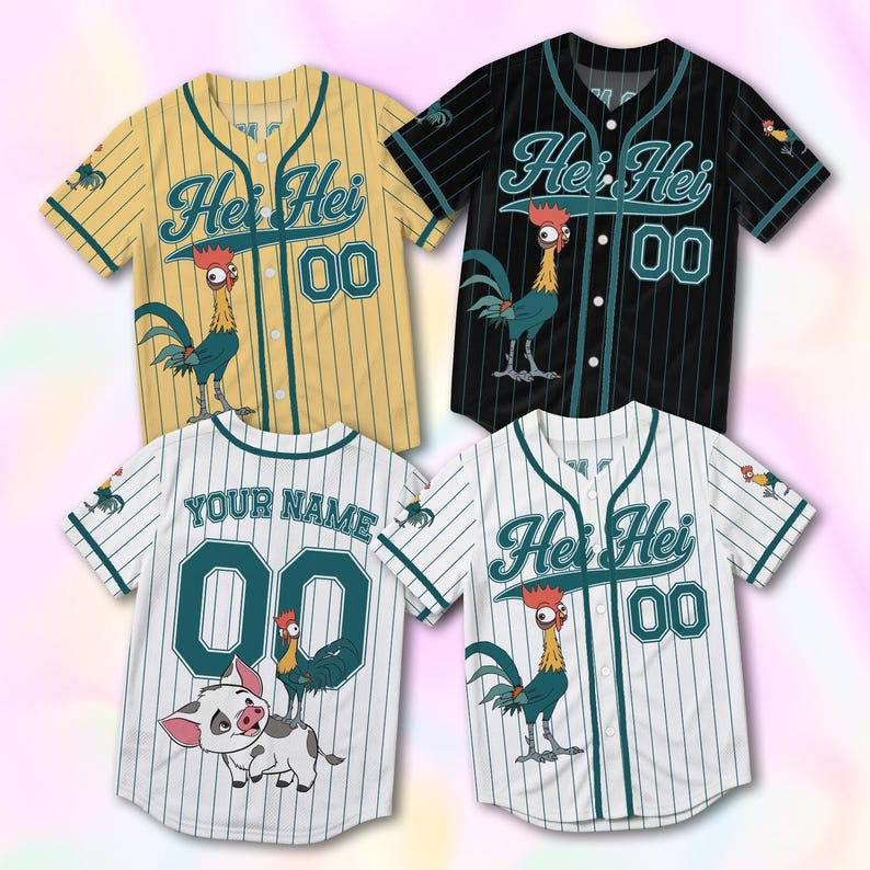 May include: Four button-down baseball jerseys in yellow, black, and white with pinstripes. Each features the text Hei Hei, the number 00, and a graphic of the rooster Hei Hei. One jersey includes the text YOUR NAME above the number 00 and Pua.
