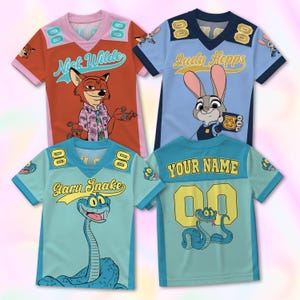 May include: Four colorful short-sleeved jerseys featuring cartoon characters. The jerseys are orange, light blue, and teal, with the characters Nick Wilde, Judy Hopps, and Gary Snake. Each jersey has a number "00" or "8" on the sleeves and back, with the character's name on the front.