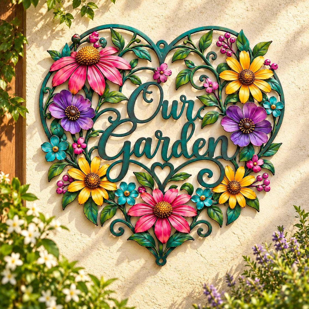 Garden Lettering Colorful Metal Our Garden Wall Art, Heart Shaped Floral Garden Sign, Colorful ...