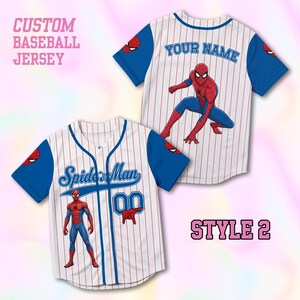 May include: A white baseball jersey with blue pinstripes and blue sleeves featuring a Spider-Man graphic, the text Spider-Man, the number 00, and the text YOUR NAME. The jersey has a button-down front and is labeled as CUSTOM BASEBALL JERSEY.