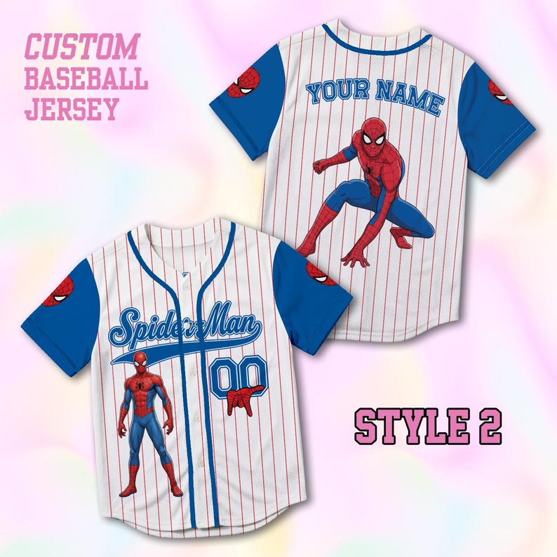 May include: A white baseball jersey with blue pinstripes and blue sleeves featuring a Spider-Man graphic, the text Spider-Man, the number 00, and the text YOUR NAME. The jersey has a button-down front and is labeled as CUSTOM BASEBALL JERSEY.
