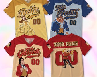 Camiseta de fútbol personalizada de La Bella y la Bestia, camiseta de la princesa Bella, ropa a juego para la noche de cine familiar de Disney, regalo de cumpleaños con nombre personalizado