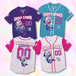 May include: Four short-sleeved button-down baseball jerseys featuring Ghost Spider graphics. The shirts come in purple, teal, and white with pinstripes, pink accents, the text GHOST SPIDER, YOUR NAME, BIRTHDAY BOY, and the number 00 on the front.