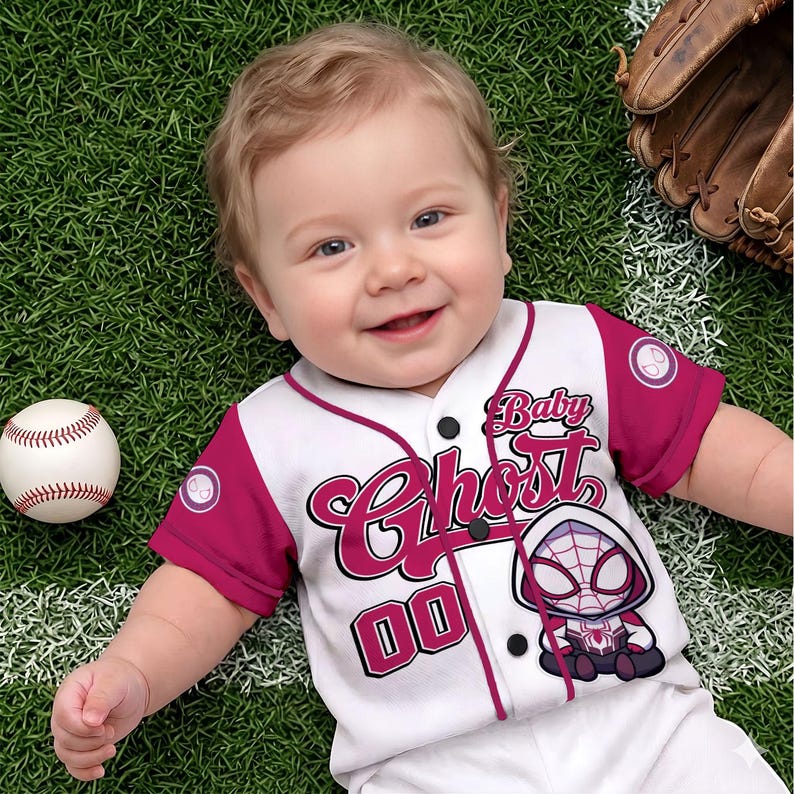 Puede incluir: Un beb&eacute; sonriente con una camiseta de b&eacute;isbol blanca y granate con las palabras "Baby Ghost" y un dibujo animado. Una pelota de b&eacute;isbol y un guante est&aacute;n cerca en un campo de hierba verde.