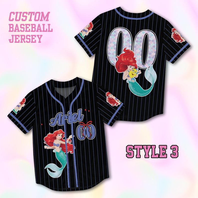 May include: Black pinstripe baseball jersey featuring Ariel from The Little Mermaid. The jersey displays the name "Ariel" and the number "00". Blue trim accents the sleeves and collar. The text "CUSTOM BASEBALL JERSEY" and "STYLE 3" are also visible on the image.