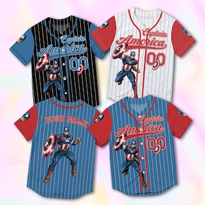 May include: Four short-sleeve baseball jerseys featuring Captain America graphics. The shirts come in black, white, and blue pinstriped designs with red sleeves. Each jersey displays the character, the text Captain America, and the number 00.