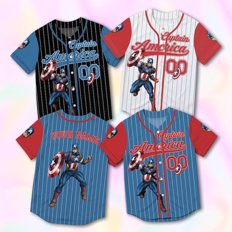 May include: Four short-sleeve baseball jerseys featuring Captain America graphics. The shirts come in black, white, and blue pinstriped designs with red sleeves. Each jersey displays the character, the text Captain America, and the number 00.