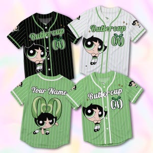 May include: Four baseball jerseys with cartoon character Buttercup designs. The jerseys are black, white, and green with pinstripes. Each jersey features Buttercup's image and the text "Buttercup" or "Your Name".