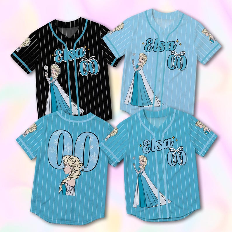 May include: Four baseball jerseys with the character Elsa from Frozen. One black jersey with white pinstripes, and three light blue jerseys with white pinstripes. Each jersey has the name "Elsa" and the number "00".
