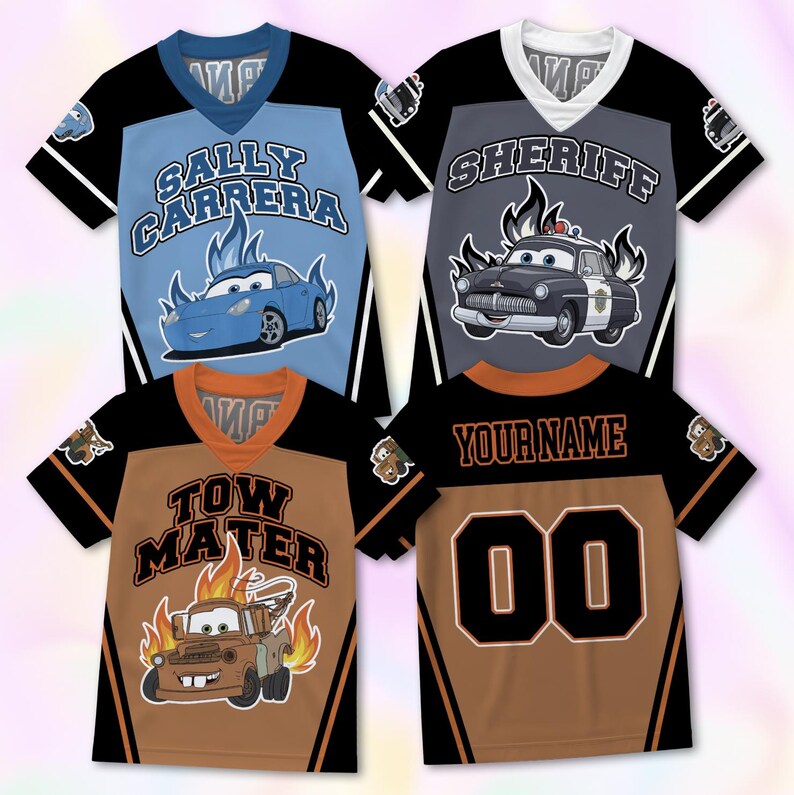 May include: Four short-sleeve V-neck jerseys featuring Disney Cars characters. One is light blue with Sally Carrera, one is gray with Sheriff, and two are brown with Tow Mater, including one back view with the text YOUR NAME and 00.
