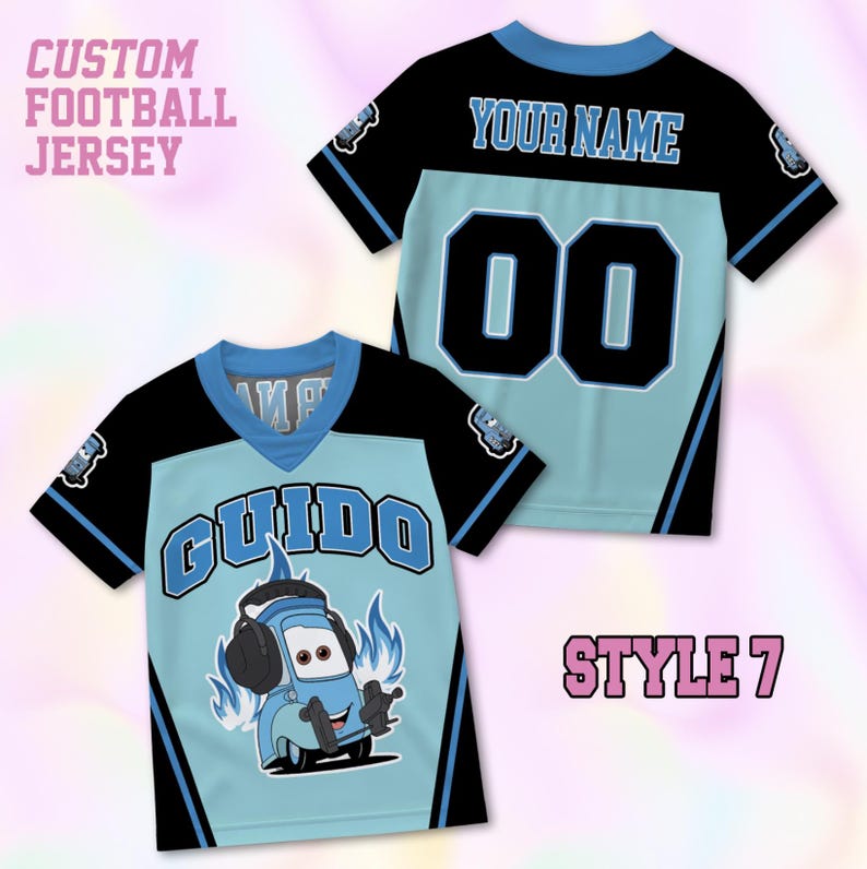 May include: A custom football jersey featuring a light blue and black color scheme. The front displays the name GUIDO above a cartoon car character with headphones and blue flames. The back shows the text YOUR NAME and the number 00.