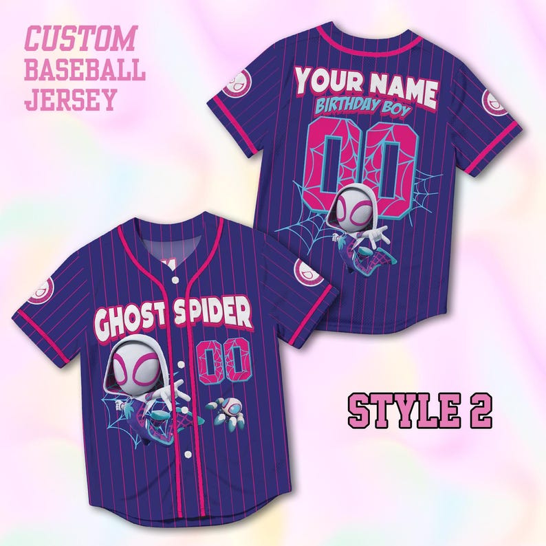 May include: A custom baseball jersey in dark blue with pink pinstripes, featuring the text GHOST SPIDER, YOUR NAME, BIRTHDAY BOY, and the number 00. The design includes a graphic of a white-hooded character and spiderwebs in pink and light blue.