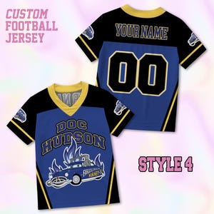 May include: A custom football jersey featuring a blue and black design with yellow trim. The front displays the text DOC HUDSON above a blue car graphic with flames. The back shows the text YOUR NAME and the number 00 in black and yellow.