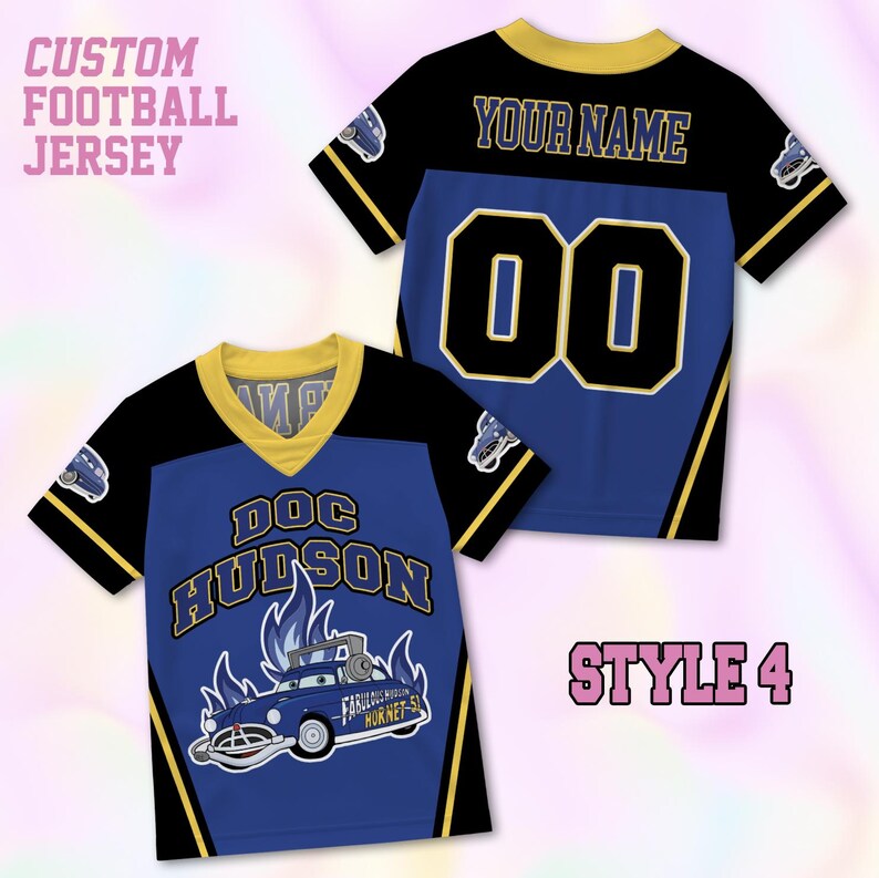 May include: A custom football jersey featuring a blue and black design with yellow trim. The front displays the text DOC HUDSON above a blue car graphic with flames. The back shows the text YOUR NAME and the number 00 in black and yellow.