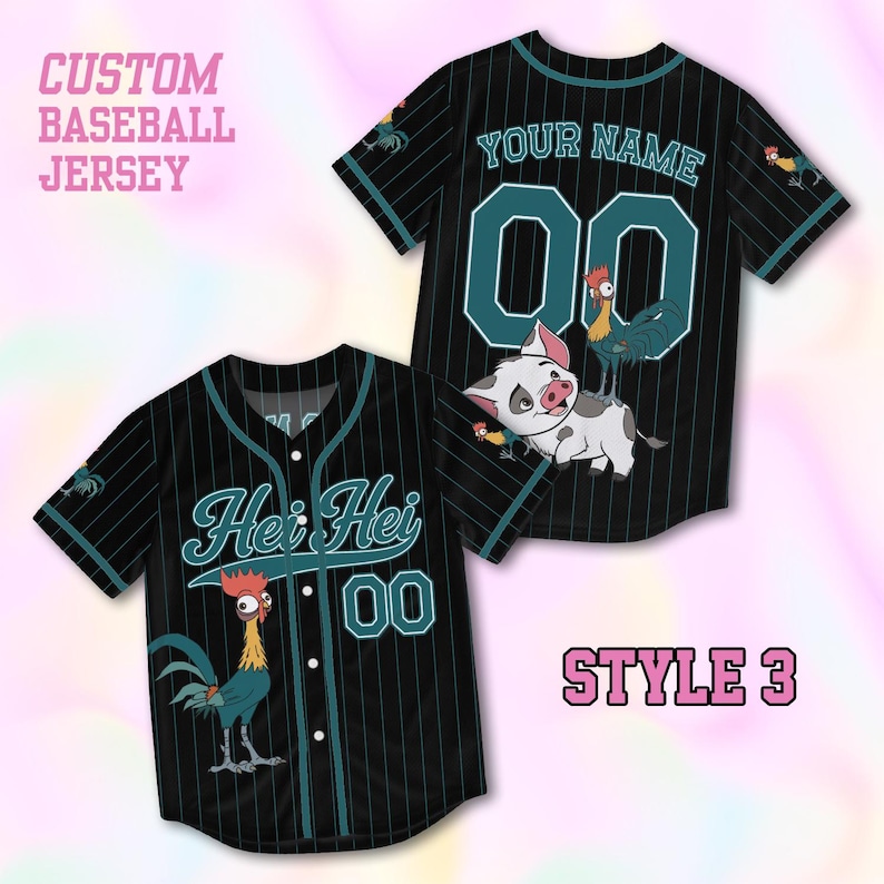 May include: A black baseball jersey with thin teal pinstripes, featuring a teal script that reads Hei Hei, the number 00, and a graphic of a rooster. The back displays the text YOUR NAME, the number 00, and a rooster riding a pig.