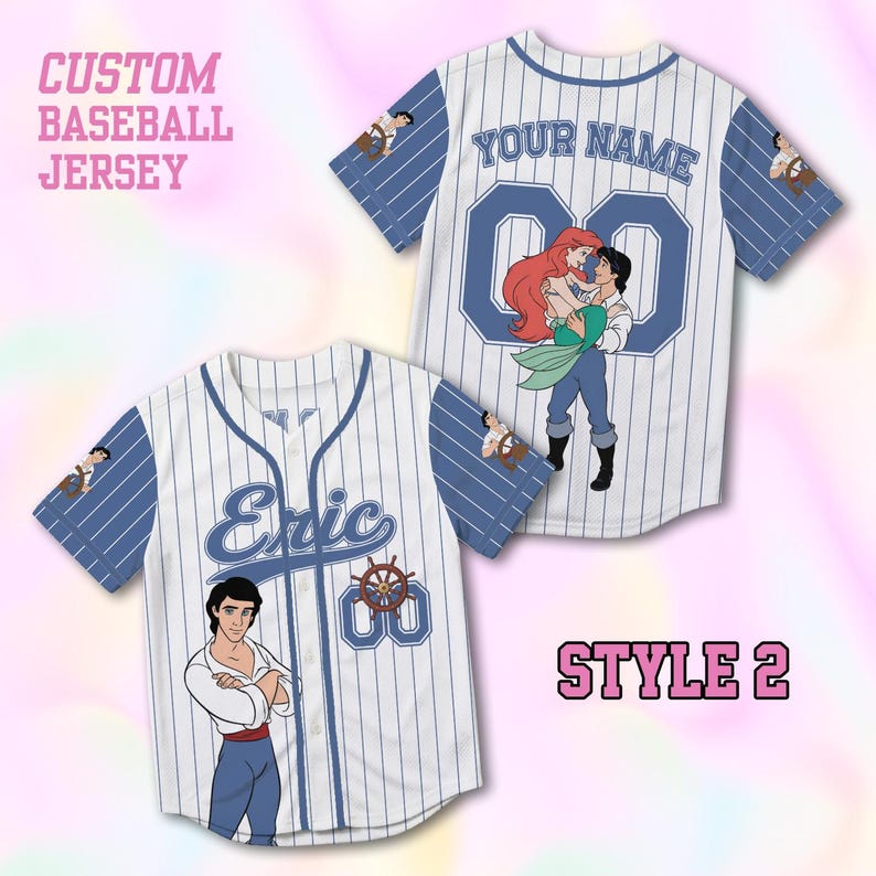 May include: Custom baseball jersey with white and blue pinstripes. The jersey features the name "Eric" and the number "00" on the front, with an illustration of Prince Eric. The back of the jersey shows Ariel and Prince Eric. The text "CUSTOM BASEBALL JERSEY" is also visible.
