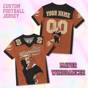 May include: Custom football jersey in burnt orange and black, featuring a cartoon horse in a suit. The jersey has the text "Mayor Winddancer" and the number "8" on the front. The back has the text "YOUR NAME" and the number "00".