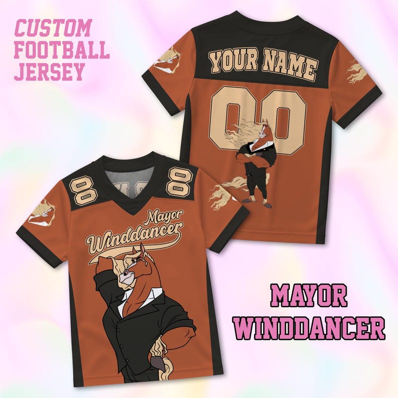 May include: Custom football jersey in burnt orange and black, featuring a cartoon horse in a suit. The jersey has the text "Mayor Winddancer" and the number "8" on the front. The back has the text "YOUR NAME" and the number "00".