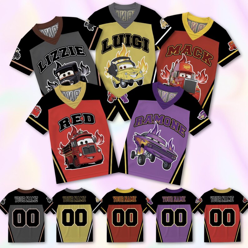 May include: A collection of five V-neck jerseys featuring characters from the movie Cars, including Lizzie, Luigi, Mack, Red, and Ramone, with their names and graphics on the front. The back of each jersey displays the text YOUR NAME and the number 00.