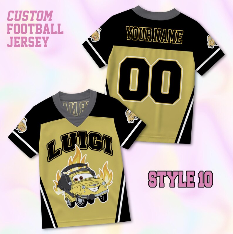 May include: A custom football jersey in black and gold featuring a V-neck collar. The front displays the name LUIGI above a yellow car character with flames. The back shows the text YOUR NAME and the number 00 in black with gold outlines.