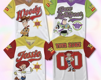 Camiseta de fútbol personalizada de Toy Story de Disney, camiseta de Woody y Buzz Lightyear, ropa a juego para cumpleaños de Toy Story para toda la familia, ropa de equipo con nombre personalizado