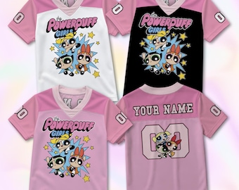 Custom Powerpuff Girls Football Jersey, Colorful Cartoon Sport Shirt, Personalized Game Day Fan Gear, Custom Name Number Birthday Gift