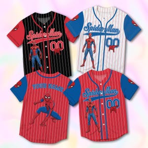 May include: Four short-sleeve button-down baseball jerseys featuring Spider-Man graphics. One is black with white pinstripes, one is white with blue pinstripes, and two are red with white pinstripes. Each shirt displays the text Spider-Man and 00.