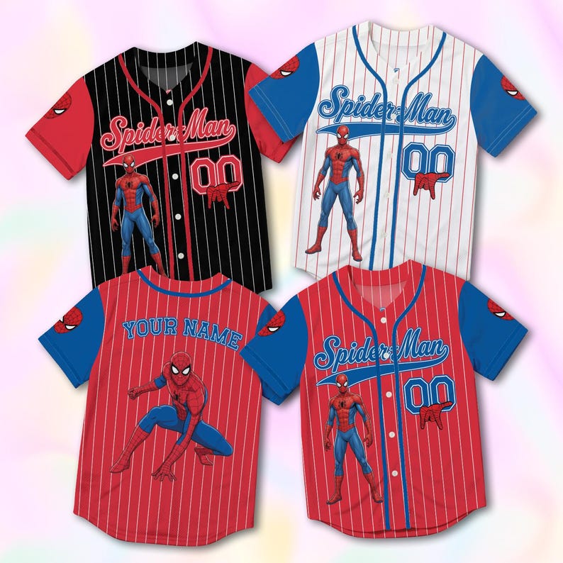 May include: Four short-sleeve button-down baseball jerseys featuring Spider-Man graphics. One is black with white pinstripes, one is white with blue pinstripes, and two are red with white pinstripes. Each shirt displays the text Spider-Man and 00.
