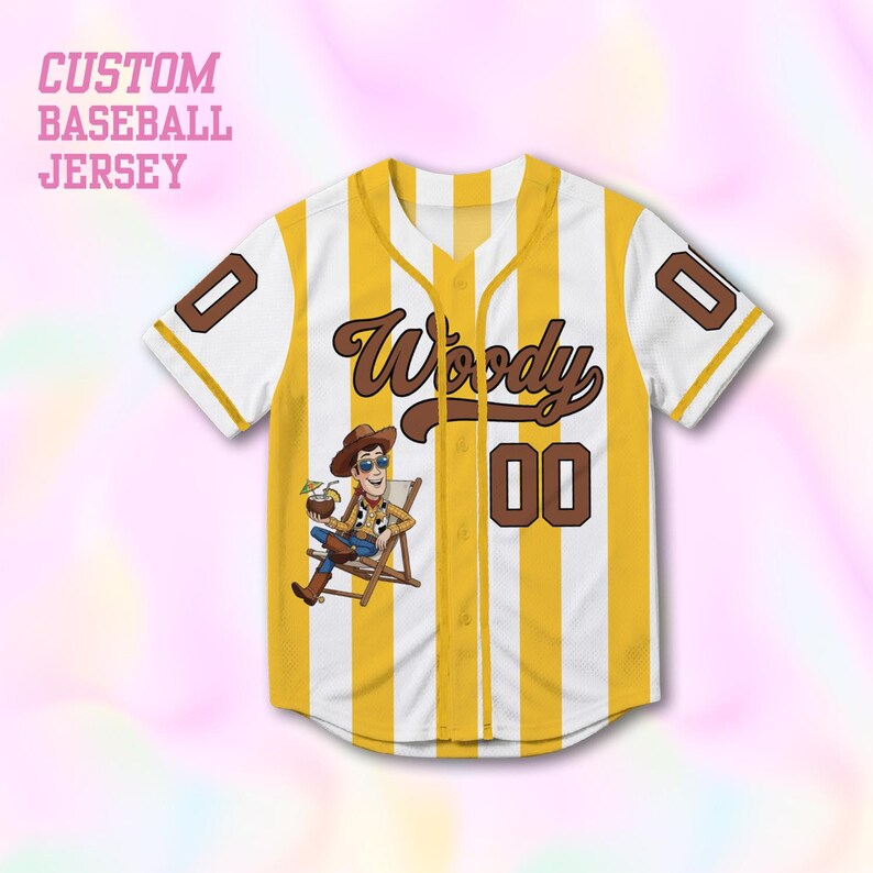May include: A custom baseball jersey with a yellow and white striped design. The jersey features the name "Woody" in brown script, the number "00", and an image of Woody relaxing. The text "CUSTOM BASEBALL JERSEY" is at the top.