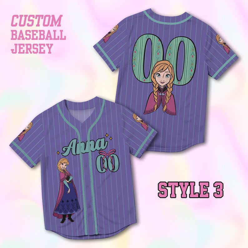 May include: Purple baseball jersey with vertical white stripes and a teal collar and sleeve trim. The jersey features the name "Anna" and the number "00" with a cartoon image of a character. The text "CUSTOM BASEBALL JERSEY" is at the top.
