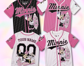 Camiseta de béisbol personalizada de Minnie Mouse, camiseta infantil personalizada de Minnie, conjunto para viaje familiar a Disney, camiseta con nombre personalizado para jóvenes y adultos.