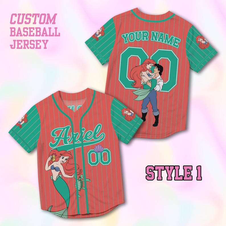 May include: Custom baseball jersey in red with green sleeves and accents. Features the name "Ariel" and the number "00" on the front, and "YOUR NAME" and "00" on the back. Includes a cartoon illustration of Ariel and Prince Eric.