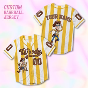 May include: Custom baseball jersey with yellow and white stripes. The front features the name "Woody" and the number "00", along with an illustration of Woody. The back has the text "YOUR NAME" and the number "0".