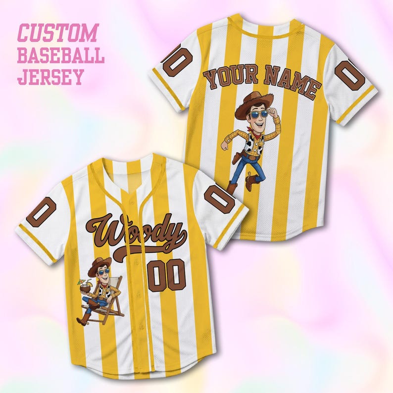 May include: Custom baseball jersey with yellow and white stripes. The front features the name "Woody" and the number "00", along with an illustration of Woody. The back has the text "YOUR NAME" and the number "0".