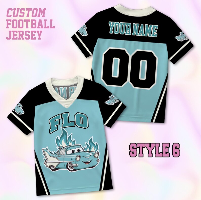 May include: A custom football jersey featuring a light blue and black color scheme. The front displays the name FLO above a cartoon car graphic with flames. The back shows the text YOUR NAME and the number 00. The text CUSTOM FOOTBALL JERSEY and STYLE 6 are visible.