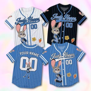 May include: Four short-sleeved button-down baseball jerseys featuring Judy Hopps graphics. The shirts come in white, black, and blue with pinstripes, the text Judy Hopps, the number 00, a police badge, and a carrot icon on the front or back.