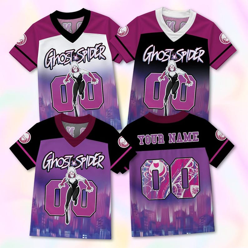 Benutzerdefinierte Geist Spinne Fußball Jersey, Geburtstag Shirt Familie Passende Outfits, Superheld Jersey Geschenk, personalisierte Spinne Gwen T-Shirt, Y2K Shirt Bild 1