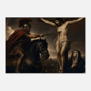 May include: A dramatic painting depicting a historical scene. A man on horseback, clad in armor and a red cloak, points a spear towards a figure on a cross. A woman in a dark veil looks on with sorrow.