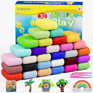 May include: A set of 30 rectangular blocks of air dry clay in various colours, including yellow, green, red, blue, pink, white, and black. The packaging box features the text Air Dry Play. Included are five small clay figures and three pink tools.