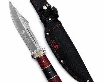 Handmade Damascus Steel Hunting Knife, Full Tang, Wood Handle, Outdoor Survival Sheath Knife