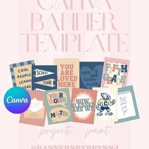 May include: A digital Canva banner template featuring a collection of rectangular classroom posters with various designs, including text like COOL PEOPLE LEARN HERE, YOU ARE LOVED HERE, FIFTH GRADE, and HOW BLESSED ARE WE, alongside an eagle mascot graphic.