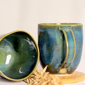 Ceramic crumpled mug, bottle green stoneware coffee cup with handle, boho decor, handmade pottery